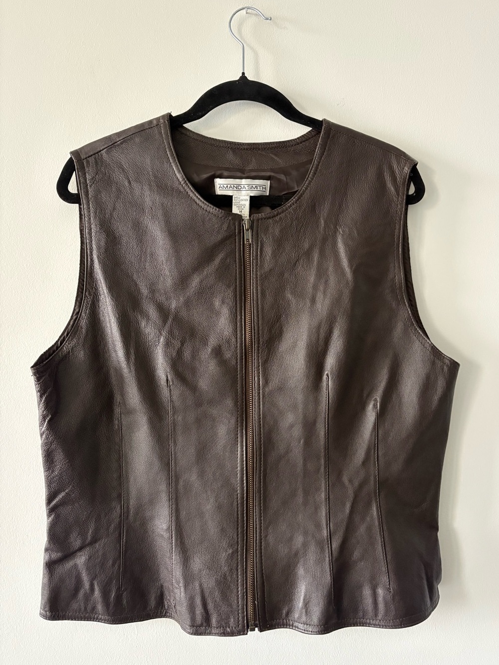 Amanda Smith Dark Brown Genuine Leather Full Zip Vest Gilet Size 14